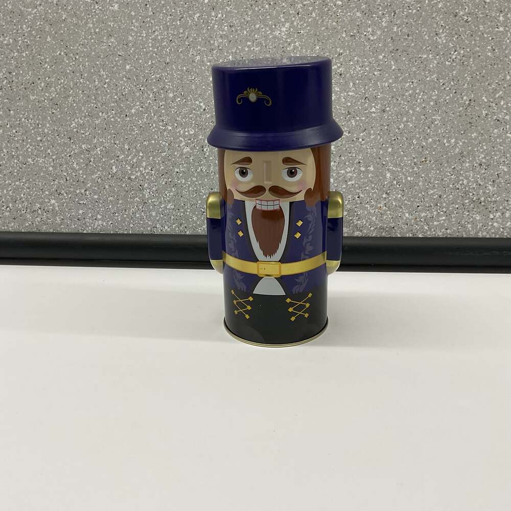 Nutcracker Christmas Tin Container Purple Gold Removable Hat Lid 7.5 Inch